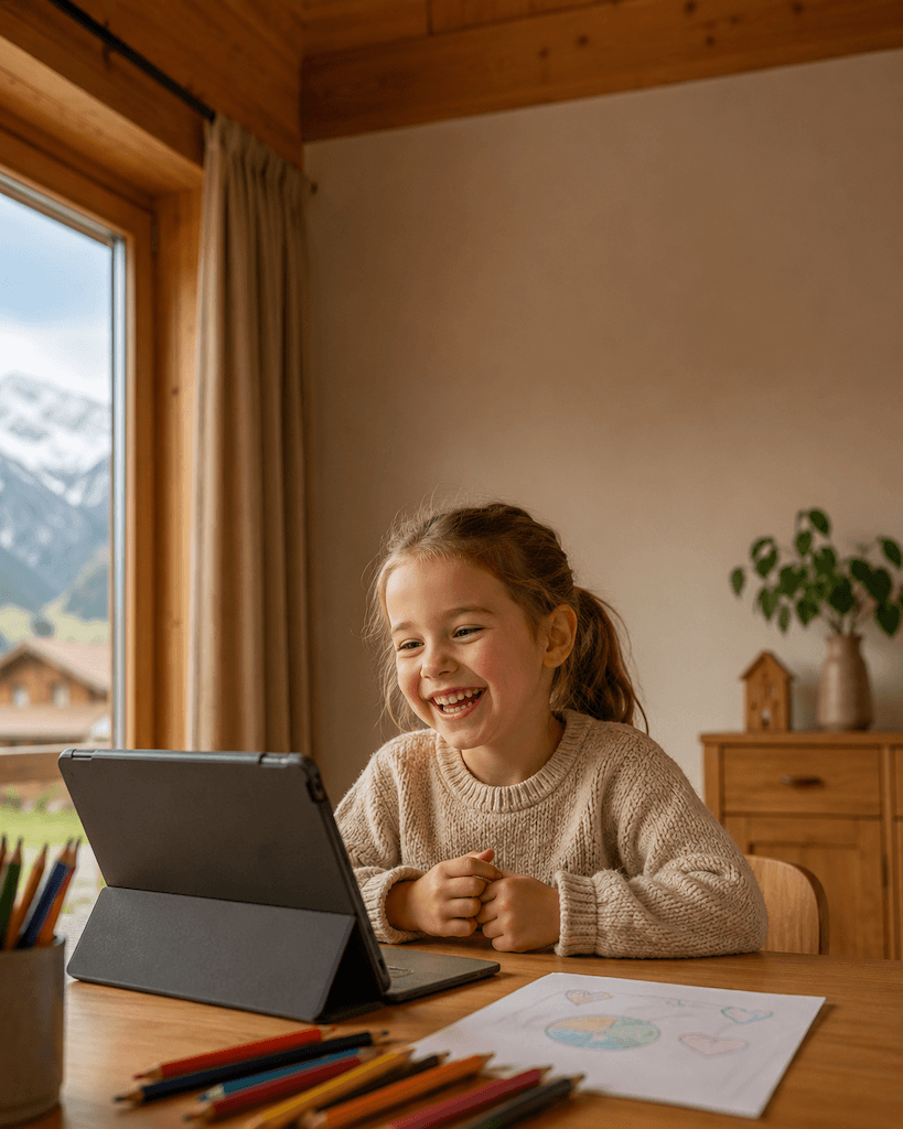 Kind 5–6 Jahre am Tablet, lacht